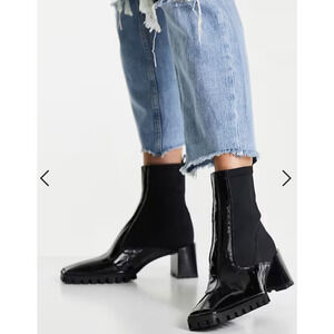 Black Patent Sock Ankle Boots Womens 7 Made in Spain Lug Sole Square Toe Stretch